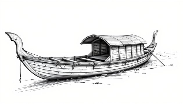 The image depicts a traditional wooden boat with a curved, elongated shape, featuring detailed planking and decorative elements at the prow and stern