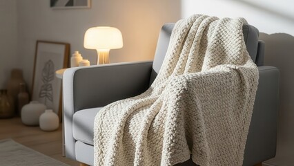 Obraz premium Cozy Blanket Draped Over a Comfortable Armchair with Ambient Lamp