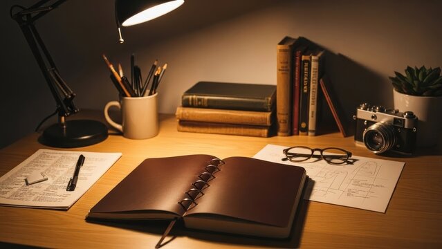 Desk with Open Notebook, Books, and Reading Glasses Under Lamp Light