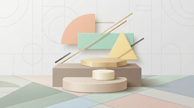 Modern 3d geometric podium display platform featuring soft pastel colors and abstract shapes designed for elegant product presentation in a clean minimalist studio lighting setup environment