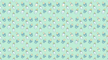 Cute seamless pattern of baby bottles and pacifiers on green background
