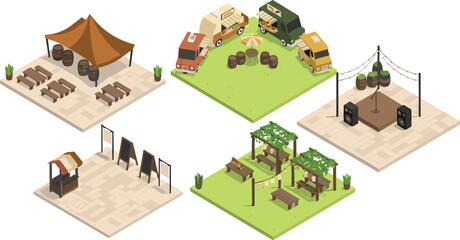 Fototapeta premium Isometric festival event set. Outdoor concert stage and food truck market vector icons.