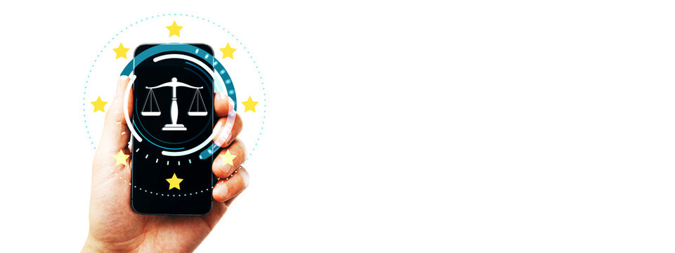 Hand with smartphone showing justice scales icon among golden stars in clean modern style on white background, concept of digital law and legal service