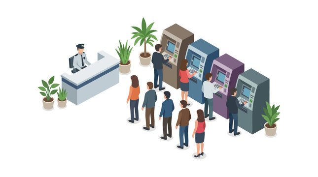 Isometric Illustration of People Queuing and Using ATM Machines