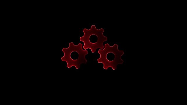 Neon red glowing three gears interlocking spinning loop animation on black background, luminous future tech gearwheels rotating concept for futuristic machine engineering mechanism.