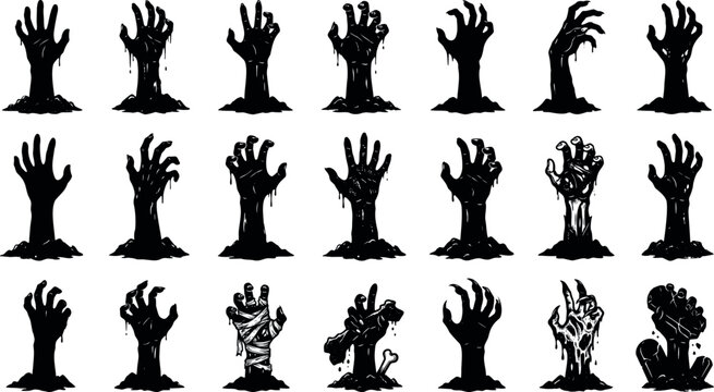 Creepy zombie hands emerging from graves halloween illustration set