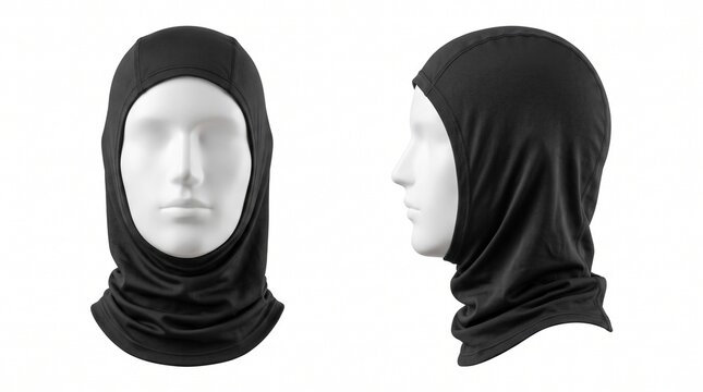 Black tactical balaclava hood mockup on mannequin head showing front and profile view for athletic headwear design