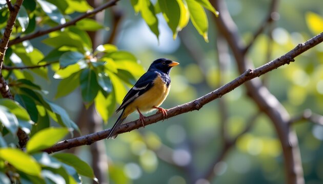 A small bird with dark upperparts, a yellow underside, and a bright orange beak is perched on a thin, slightly curved branch