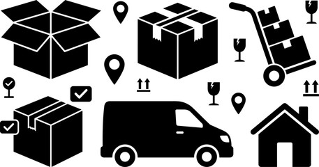 Logistics Shipping and Fast Delivery Service Silhouette Icon Set with Cardboard Boxes Cargo Van Hand Truck Pin Location Pointer and Home Delivery Symbols © Mdsumon