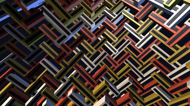 seamless geometric structure of terracotta and brass blocks slowly turns, offering an elegant architectural motion background designed for corporate presentation backdrops.