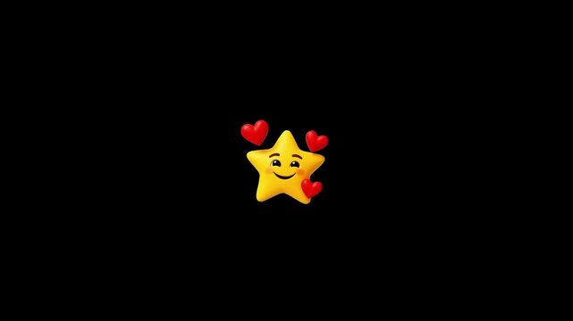 Animated three smiling star emojis floating with red hearts against a solid black background with continuously moving against happy expressions floating three identical yellow video three emoticon
