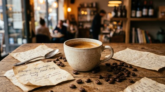 A cup of coffee with handwritten tasting notes and scattered beans on a rustic wooden table in a cozy cafe