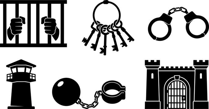 Prison and Law Enforcement Silhouette Icon Set with Handcuffs Jail Bars Keys Watchtower and Ball and Chain Elements