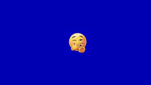 Three playful yellow emoticons displaying various expressions covering mouths against vivid blue background with arranged horizontally against distinct yellow circular face icons expressive digital