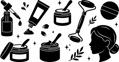 Skincare and Beauty Routine Silhouette Icon Set with Cosmetic Jars Dropper Bottle Cream Tube Jade Roller Face Profile and Organic Wellness Spa Care Symbols © Mdsumon