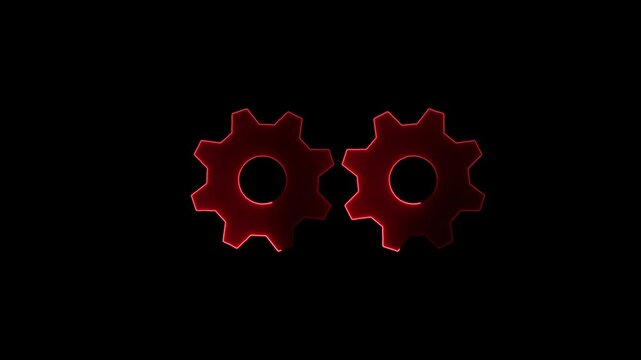 Neon red glowing two gears interlocking spinning loop animation on black background, luminous future tech gearwheels rotating concept for futuristic machinery engineering interface.