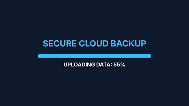 Cloud backup progress, uploading data animation, secure storage, progress bar filling up, symbolizing data security and backup process