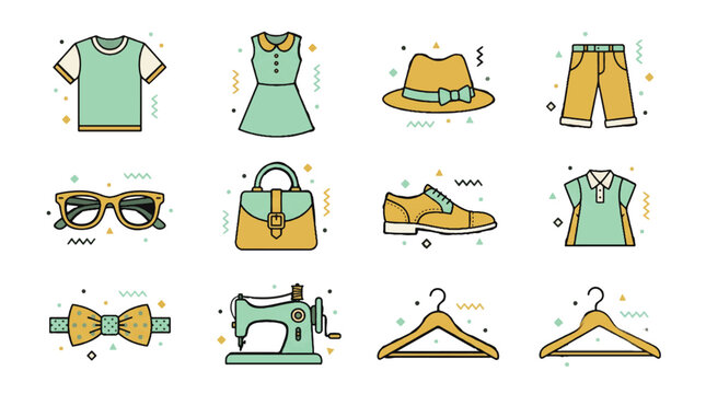 A vibrant set of modern flat line art icons illustrating a fashion concept with various clothing and accessory items, perfect for lifestyle and apparel design projects