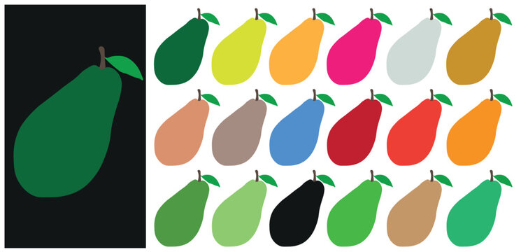 A vibrant collection of colorful pear-shaped fruit illustrations with green leaves and stems, including a large green one.