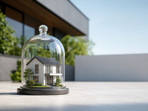 Maisonette en miniatura bajo un domo de vidrio en un entorno moderno con vegetaci&oacute;n cerca