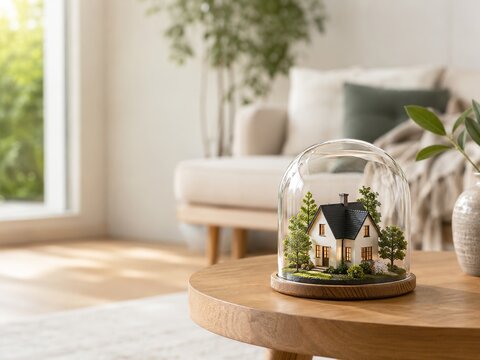 Casa en miniatura en un domo de cristal sobre una mesa de madera en una sala de estar