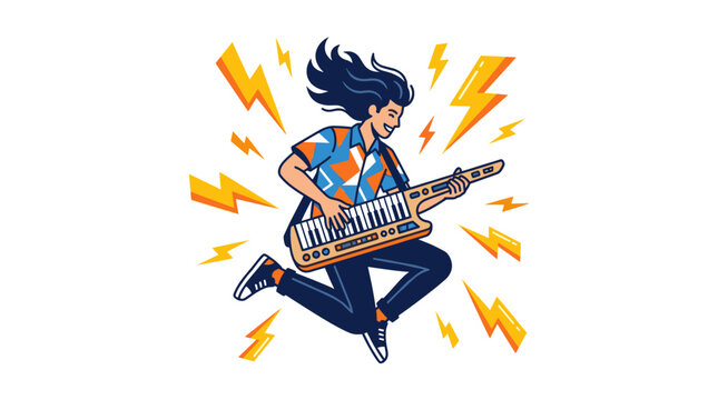Musician jumping with keytar amid lightning bolt graphics.
