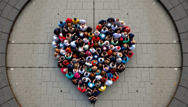 The image depicts a large group of people arranged in the shape of a heart on a paved surface