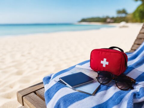 Kit de primeros auxilios y accesorios en la playa durante un d&iacute;a soleado