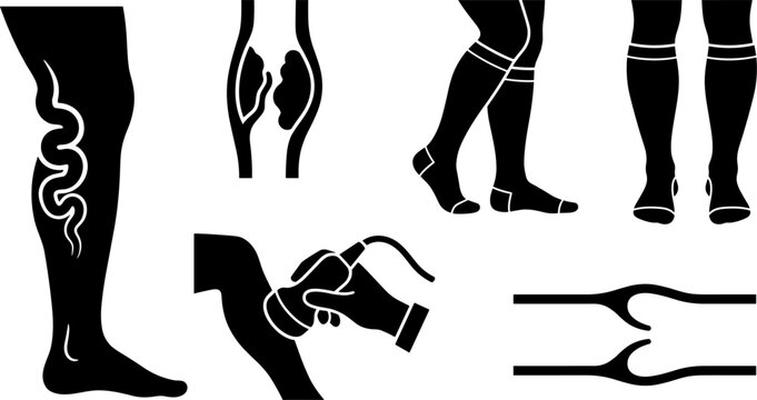Varicose Veins Medical Treatment Icon Set with Compression Stockings Ultrasound Diagnostics Vascular Disease Symptoms and Leg Health Care Silhouette Elements