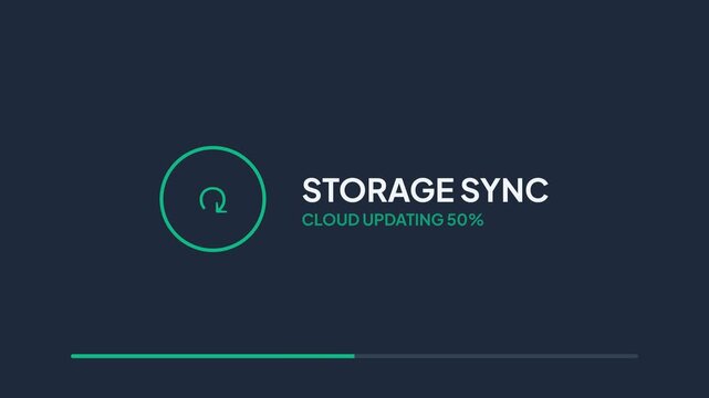 Cloud storage sync animation, dynamic progress bar with percentage updates from 19% to 100%, seamless loop, symbolizing data synchronization and backup for technology and business