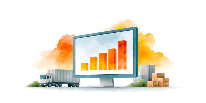 Watercolor illustration of a delivery truck and a large monitor showing an ascending orange bar chart near stacked warehouse boxes indeed with a richly evocative visual atmosphere.