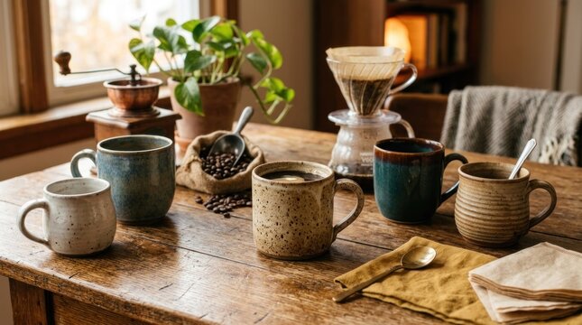 A cozy morning coffee setup featuring handmade ceramic mugs, a manual grinder, and fresh beans on a rustic wooden table