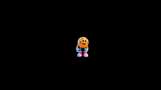 Animated yellow emoji character performing various friendly gestures against simple solid black background setting loop with performing happy waving walking motions against human limbs performing
