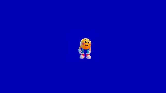 Animated cartoon smiley character performing various friendly gestures against a solid bright blue background with gestures including waving video animated yellow entertainment personified walking