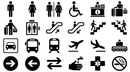 Fototapeta premium A collection of black and white travel and public facility icons.