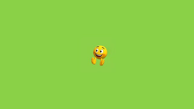 Cheerful yellow emoticons expressing positive emotions against a solid bright green background panoramic view with performing expressive gestures gestures clapping giving smiley faces performing
