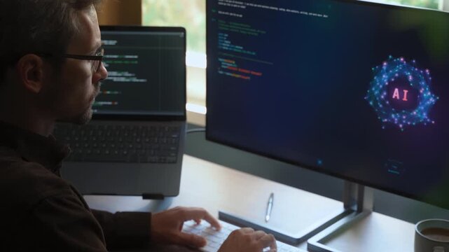 Software engineer ask AI Agent writing code and work on programming project instead of him and leaving workspace while Artificial Intelligence assistant working on project without human. AI automation