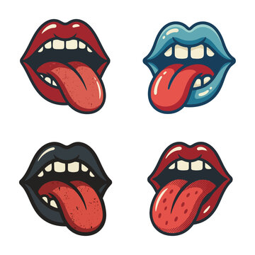 Set of four stylized pop art lips with tongues sticking out in various colors.