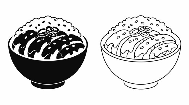 Katsudon bowl icon set, Japanese pork cutlet rice dish illustration