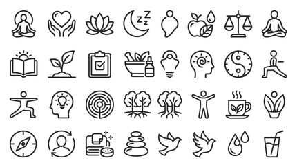 Fototapeta premium A collection of thin line icons representing wellness and mindfulness.