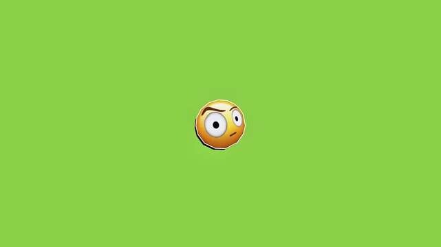 Three suspicious yellow emoticons moving across a solid vibrant green background screen digital animation with horizontally across bright identical yellow cartoon faces wide suspicious video three