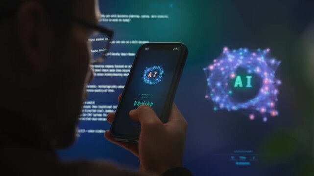 Rear view close-up of man holding smartphone and talking with AI voice assistant app with futuristic artificial intelligence chatbot or AI agent interface in the background. Space for text 