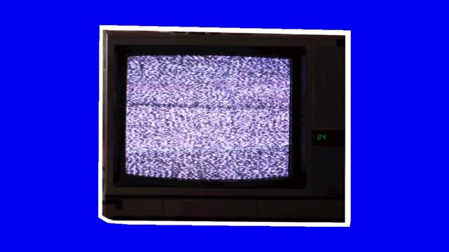 A static video screen of an old television set against a bright blue background