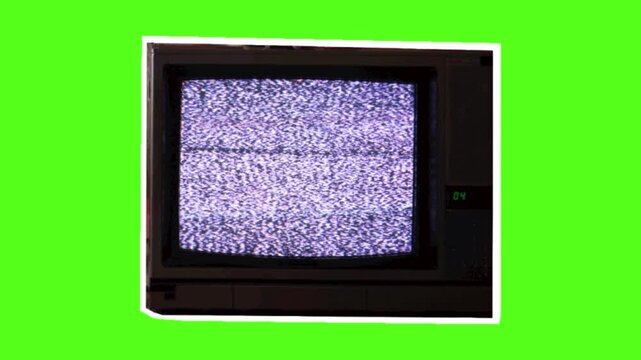 A static video screen of an old television set against a bright green background