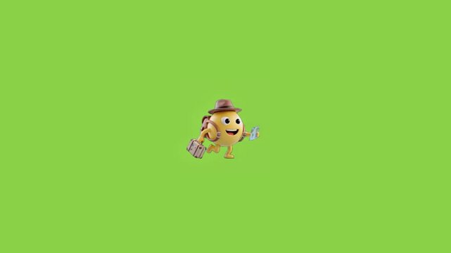 Animated cartoon character traveling with luggage and map against a solid green background loop motion with yellow character wearing backpack walking while suitcase vibrant green video animated