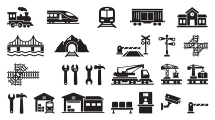 Railway and train station icon set, black silhouette transportation symbols, 25 vector elements for railroad logistics and infrastructure design © Muhammad