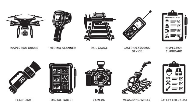 Industrial inspection equipment icons, 10 technical survey tool vectors, railway maintenance and safety audit symbols, professional engineering device set