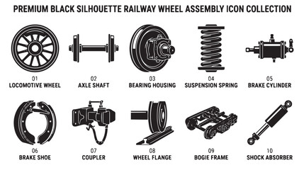 Black silhouette railway wheel assembly icon collection, set of 10 locomotive parts and train mechanical components, industrial vector engineering elements © Muhammad