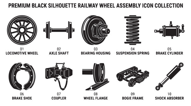 Black silhouette railway wheel assembly icon collection, set of 10 locomotive parts and train mechanical components, industrial vector engineering elements