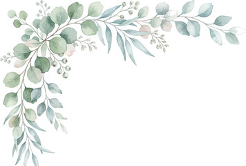 Watercolor eucalyptus corner frame. Botanical greenery border for wedding invitations. © Icon Sets